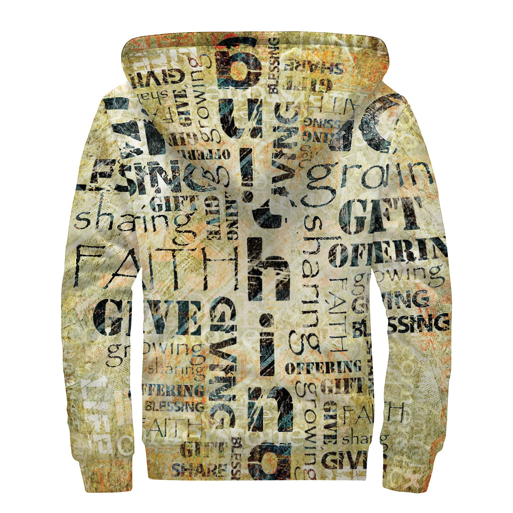Giving And Tithing Religious Words Print Sherpa Lined Zip Up Hoodie