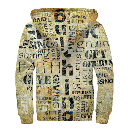 Giving And Tithing Religious Words Print Sherpa Lined Zip Up Hoodie