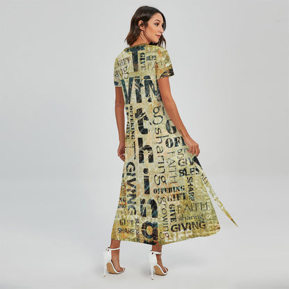 Giving And Tithing Religious Words Print Short Sleeve Maxi Dress