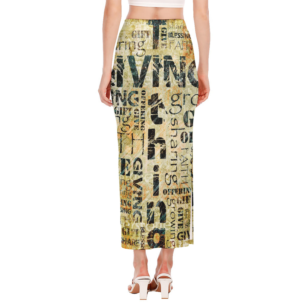 Giving And Tithing Religious Words Print Side Slit Maxi Skirt