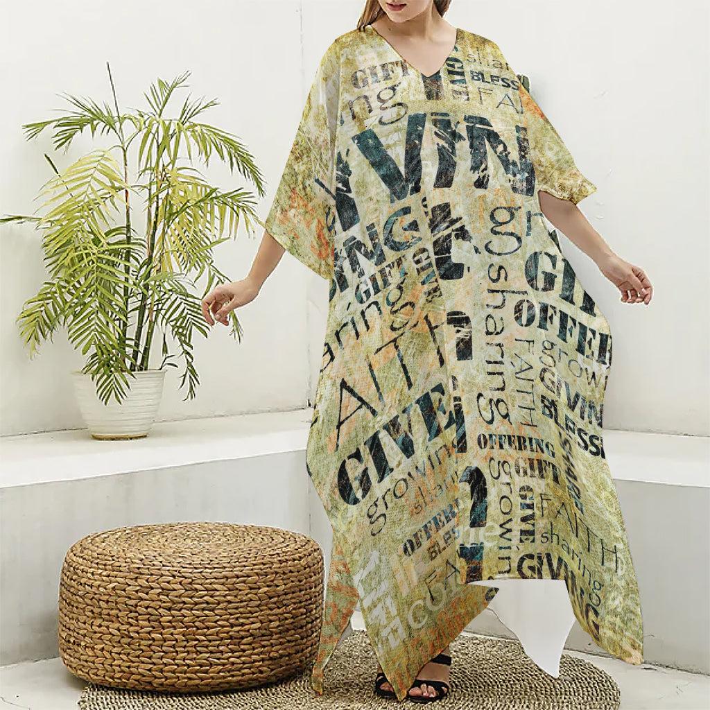 Giving And Tithing Religious Words Print Silk V-Neck Kaftan Dress