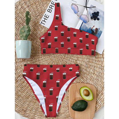 Glass Of Cola Pattern Print One Shoulder Bikini Top