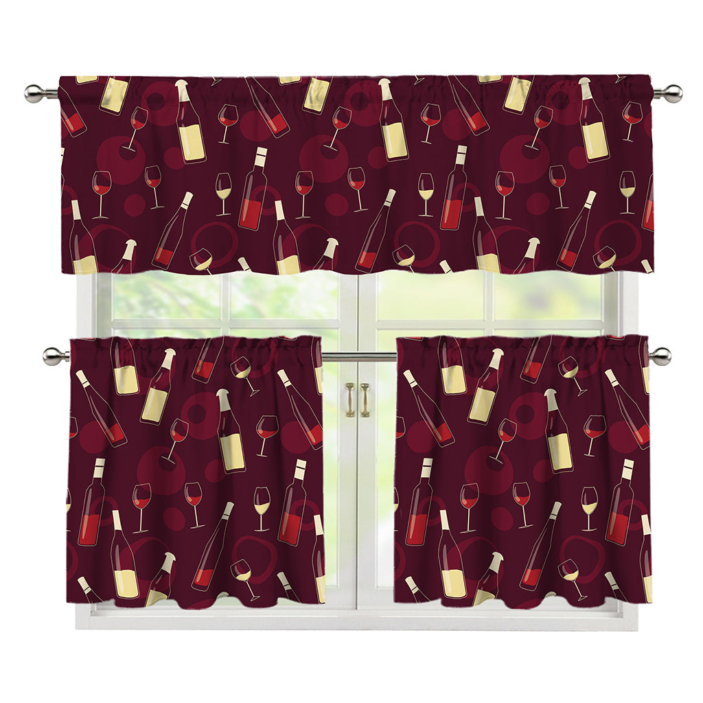 Glasses And Bottles Of Wine Print 3 Piece Kitchen Curtains
