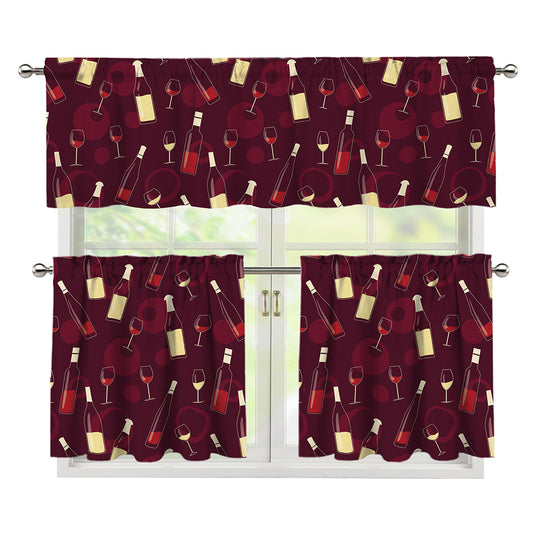 Glasses And Bottles Of Wine Print 3 Piece Kitchen Curtains