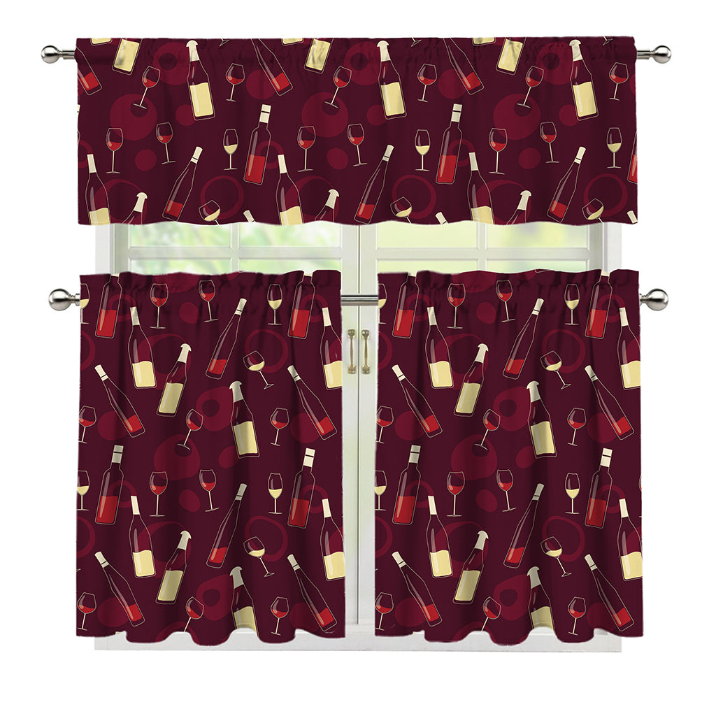 Glasses And Bottles Of Wine Print 3 Piece Kitchen Curtains
