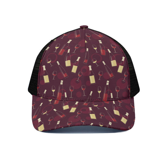 Glasses And Bottles Of Wine Print Black Mesh Trucker Cap