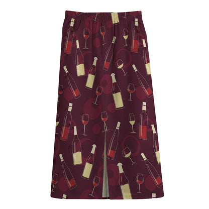 Glasses And Bottles Of Wine Print Cotton Front Slit Maxi Skirt
