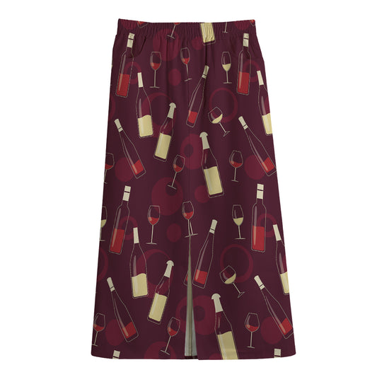Glasses And Bottles Of Wine Print Cotton Front Slit Maxi Skirt