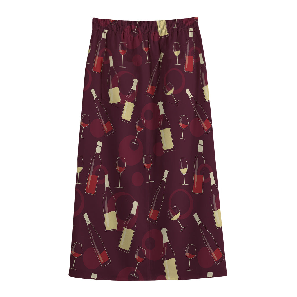 Glasses And Bottles Of Wine Print Cotton Front Slit Maxi Skirt