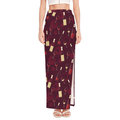 Glasses And Bottles Of Wine Print High Slit Maxi Skirt
