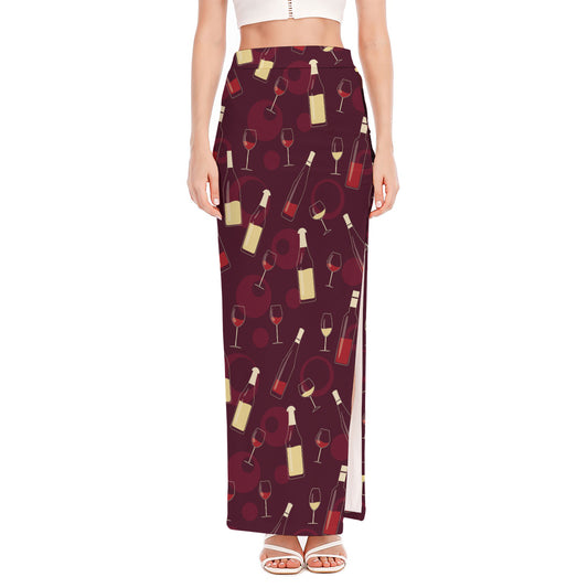 Glasses And Bottles Of Wine Print High Slit Maxi Skirt