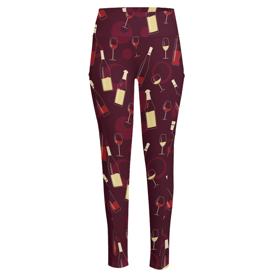 Glasses And Bottles Of Wine Print High-Waisted Pocket Leggings