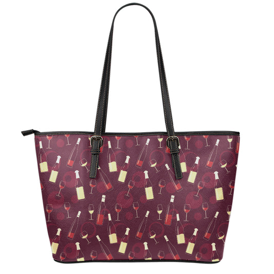 Glasses And Bottles Of Wine Print Leather Tote Bag