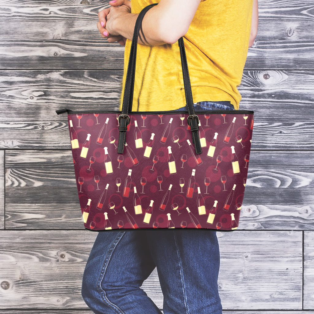 Glasses And Bottles Of Wine Print Leather Tote Bag