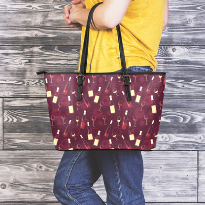 Glasses And Bottles Of Wine Print Leather Tote Bag