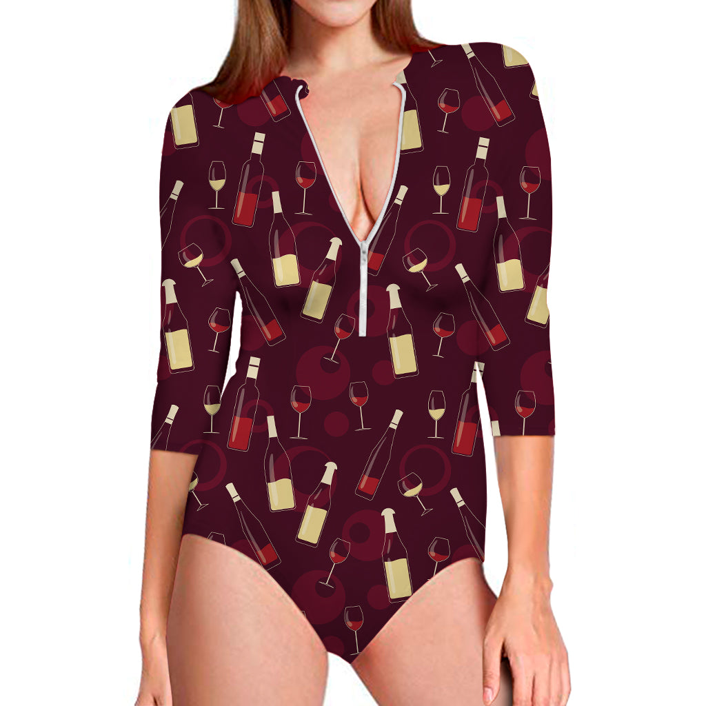 Glasses And Bottles Of Wine Print Long Sleeve Swimsuit