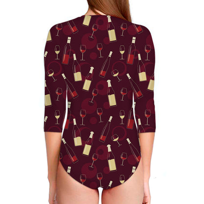 Glasses And Bottles Of Wine Print Long Sleeve Swimsuit