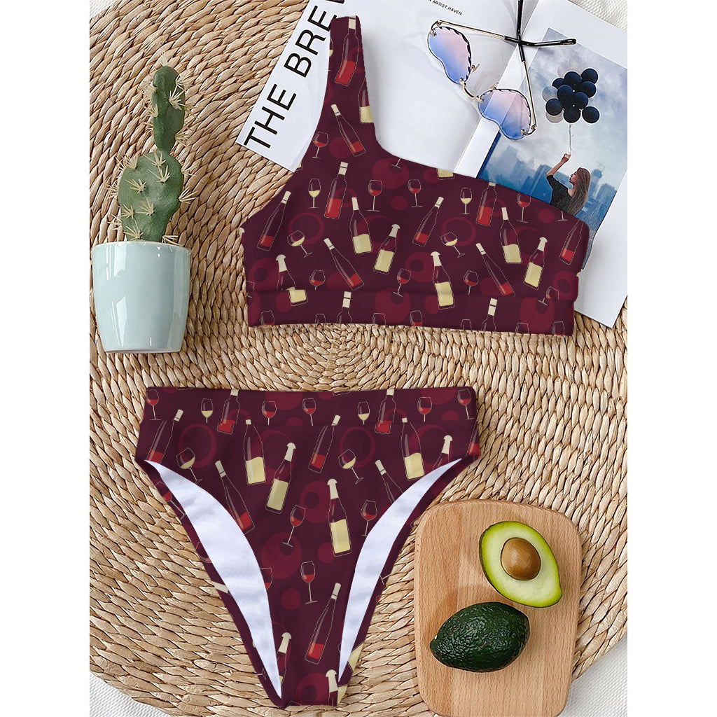 Glasses And Bottles Of Wine Print One Shoulder Bikini Top