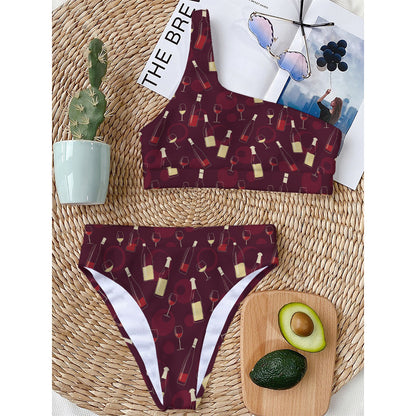 Glasses And Bottles Of Wine Print One Shoulder Bikini Top