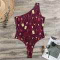 Glasses And Bottles Of Wine Print One Shoulder Bodysuit
