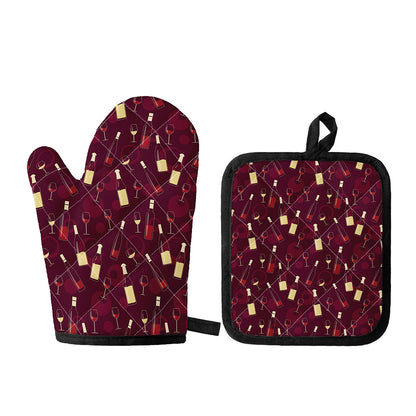 Glasses And Bottles Of Wine Print Oven Mitt And Pot Holder Set