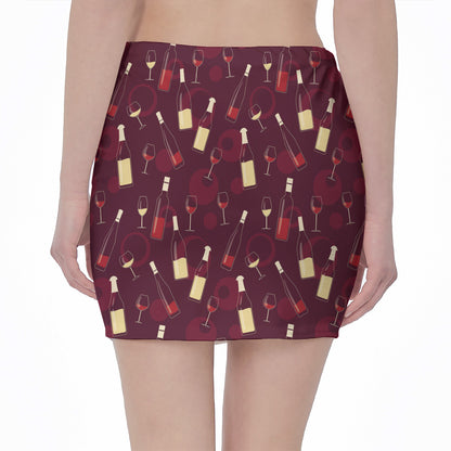 Glasses And Bottles Of Wine Print Pencil Mini Skirt