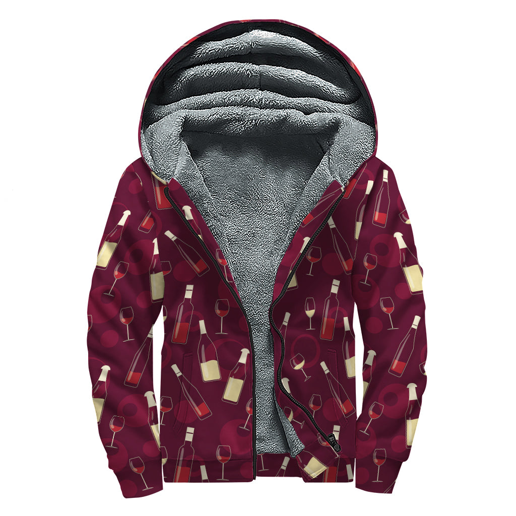 Glasses And Bottles Of Wine Print Sherpa Lined Zip Up Hoodie