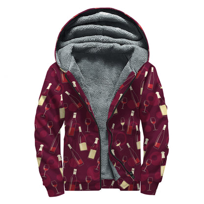 Glasses And Bottles Of Wine Print Sherpa Lined Zip Up Hoodie