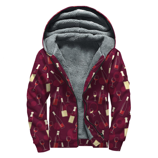 Glasses And Bottles Of Wine Print Sherpa Lined Zip Up Hoodie