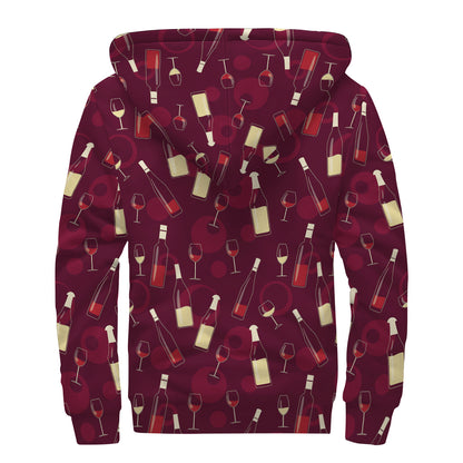 Glasses And Bottles Of Wine Print Sherpa Lined Zip Up Hoodie