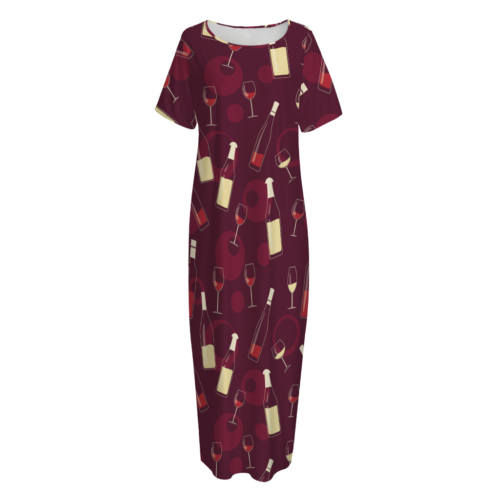 Glasses And Bottles Of Wine Print Short Sleeve Long Nightdress