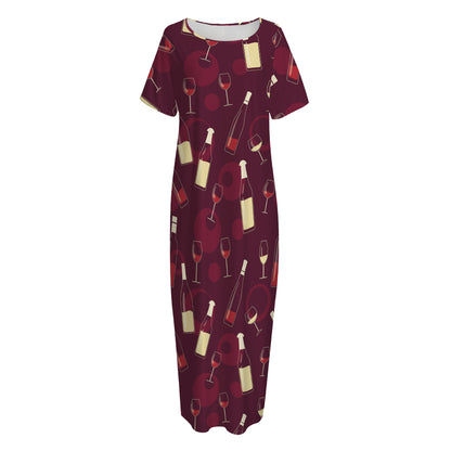 Glasses And Bottles Of Wine Print Short Sleeve Long Nightdress