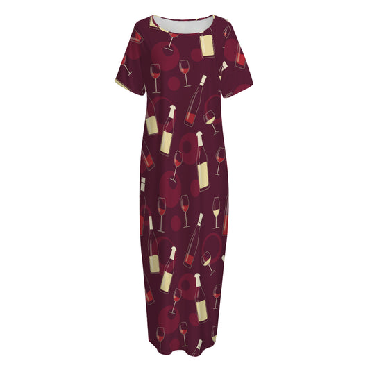 Glasses And Bottles Of Wine Print Short Sleeve Long Nightdress