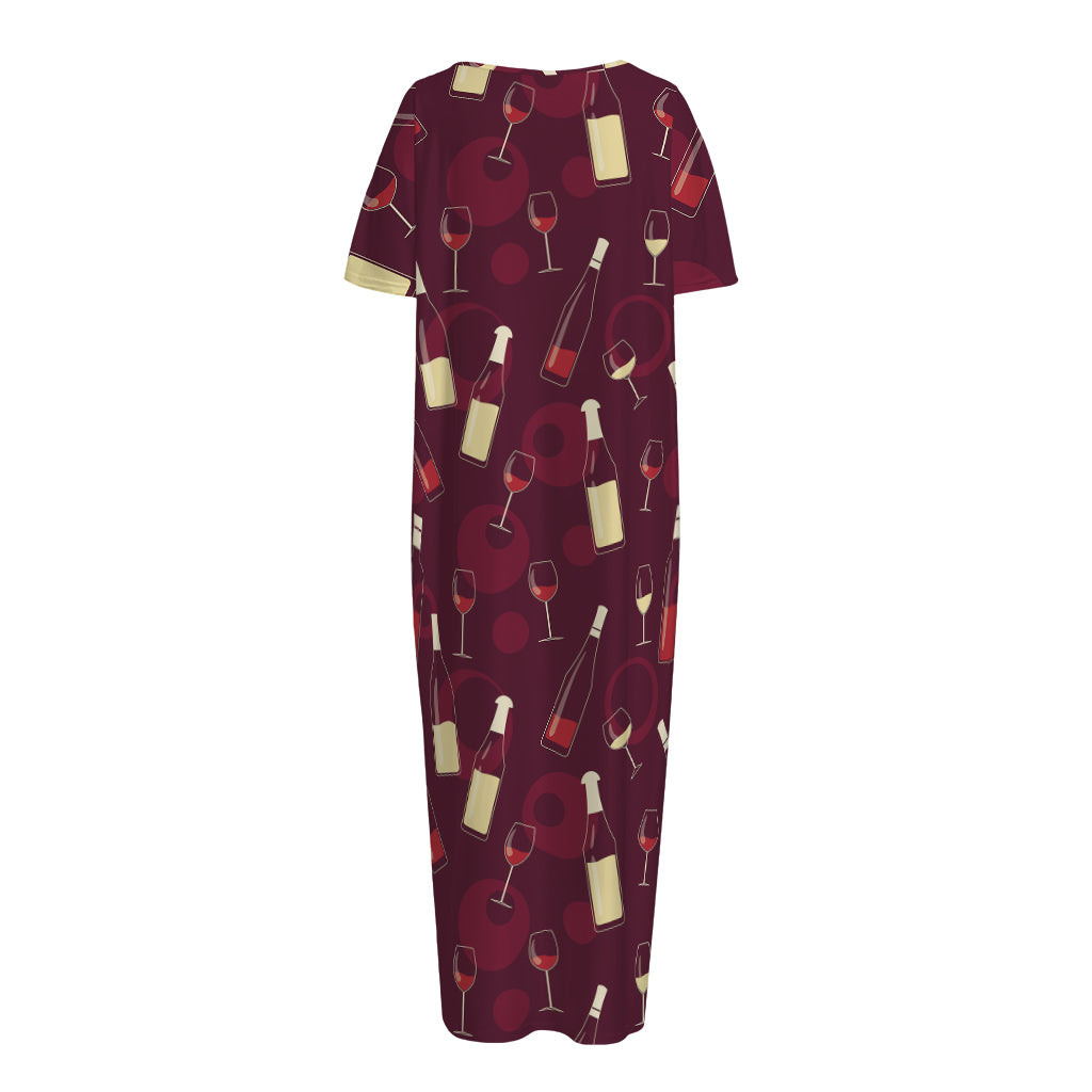 Glasses And Bottles Of Wine Print Short Sleeve Long Nightdress