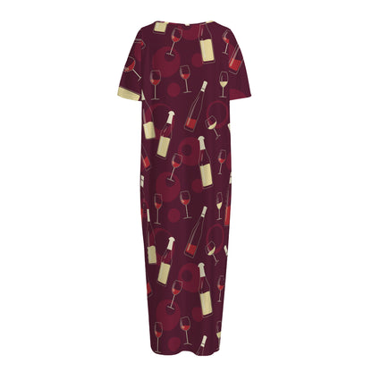 Glasses And Bottles Of Wine Print Short Sleeve Long Nightdress