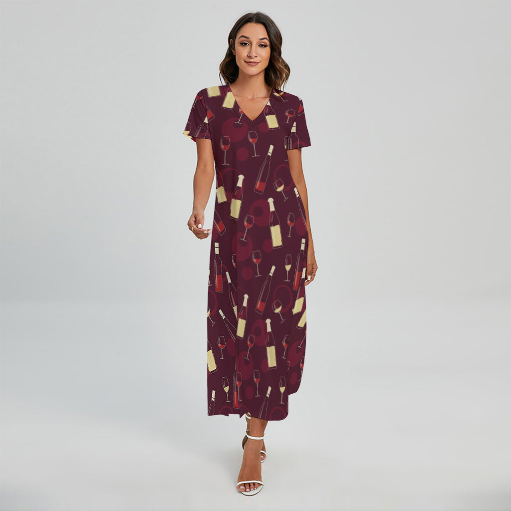 Glasses And Bottles Of Wine Print Short Sleeve Maxi Dress