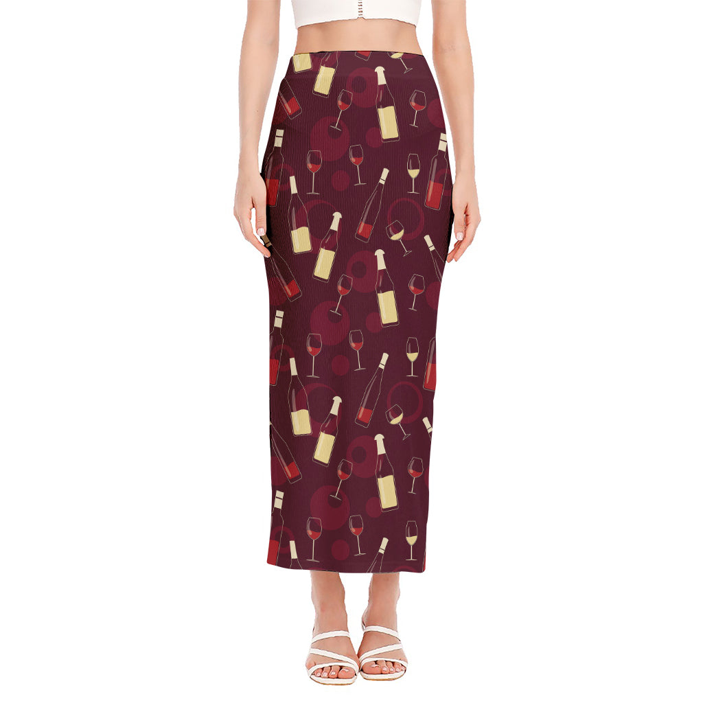 Glasses And Bottles Of Wine Print Side Slit Maxi Skirt