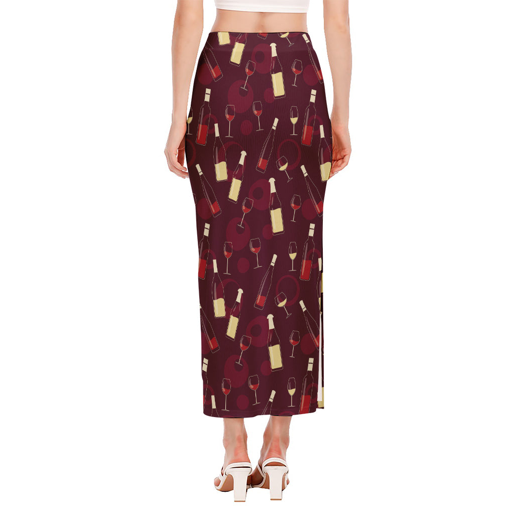 Glasses And Bottles Of Wine Print Side Slit Maxi Skirt