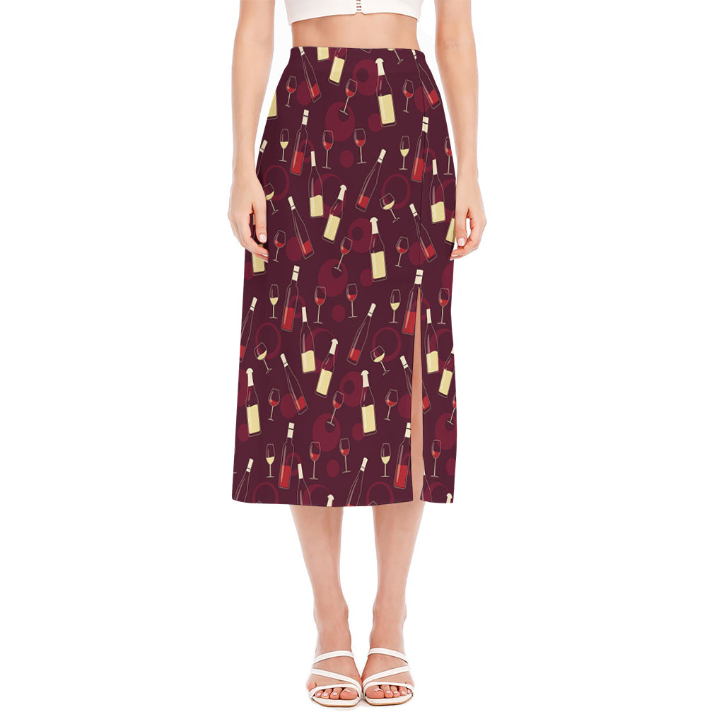Glasses And Bottles Of Wine Print Side Slit Midi Skirt