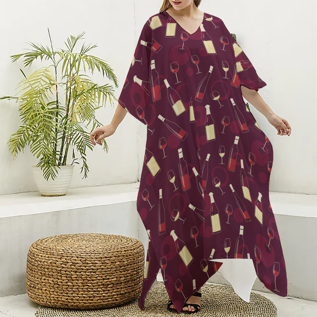 Glasses And Bottles Of Wine Print Silk V-Neck Kaftan Dress