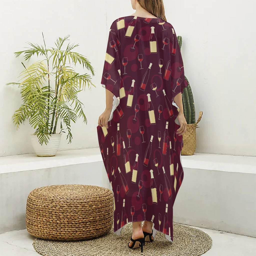 Glasses And Bottles Of Wine Print Silk V-Neck Kaftan Dress