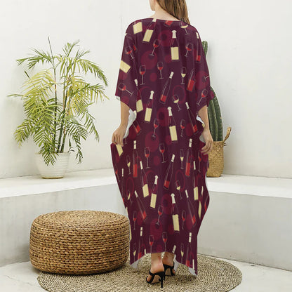 Glasses And Bottles Of Wine Print Silk V-Neck Kaftan Dress