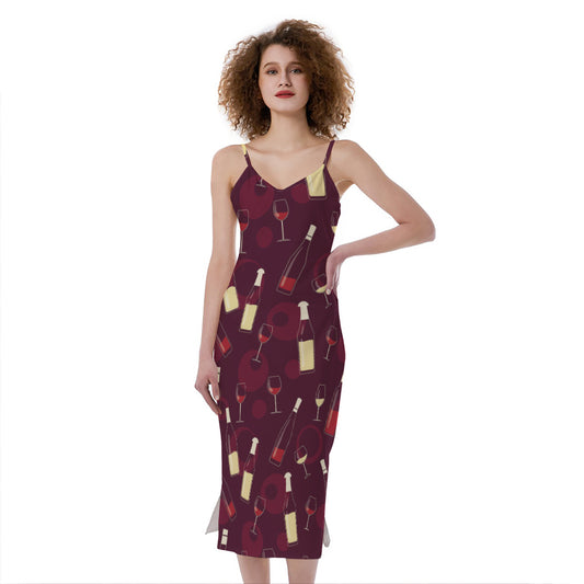Glasses And Bottles Of Wine Print Slim Fit Midi Cami Dress