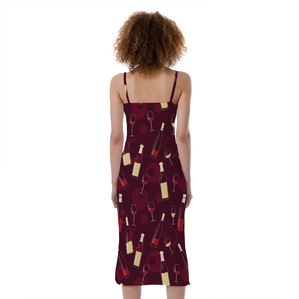 Glasses And Bottles Of Wine Print Slim Fit Midi Cami Dress