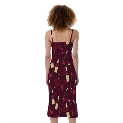 Glasses And Bottles Of Wine Print Slim Fit Midi Cami Dress
