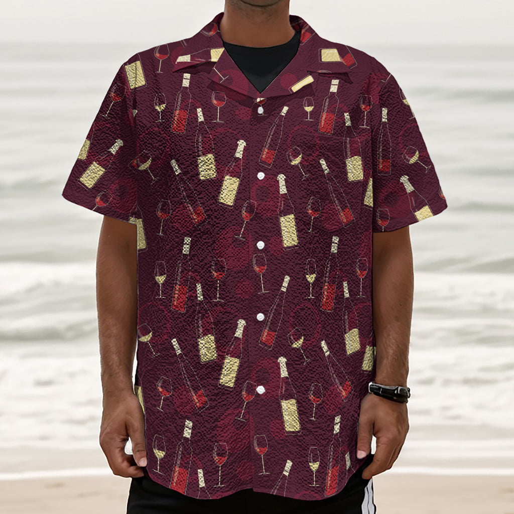 Glasses And Bottles Of Wine Print Textured Short Sleeve Shirt
