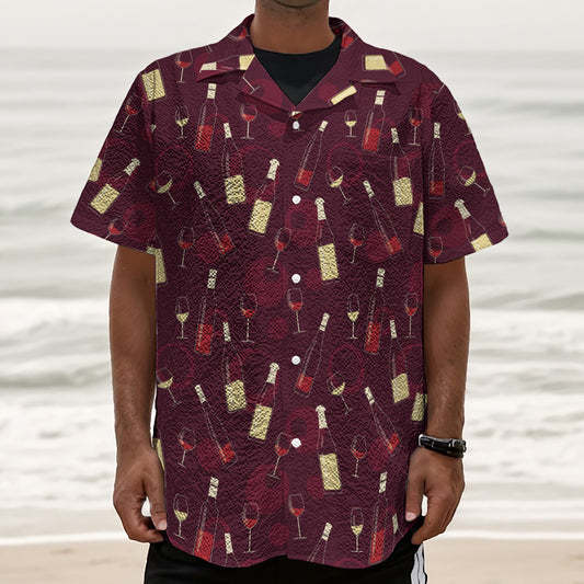 Glasses And Bottles Of Wine Print Textured Short Sleeve Shirt