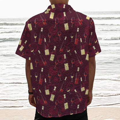 Glasses And Bottles Of Wine Print Textured Short Sleeve Shirt