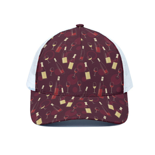 Glasses And Bottles Of Wine Print White Mesh Trucker Cap