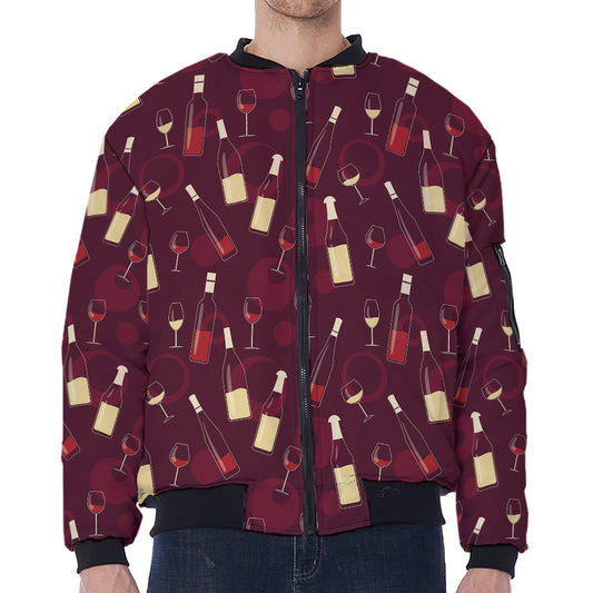 Glasses And Bottles Of Wine Print Zip Sleeve Bomber Jacket